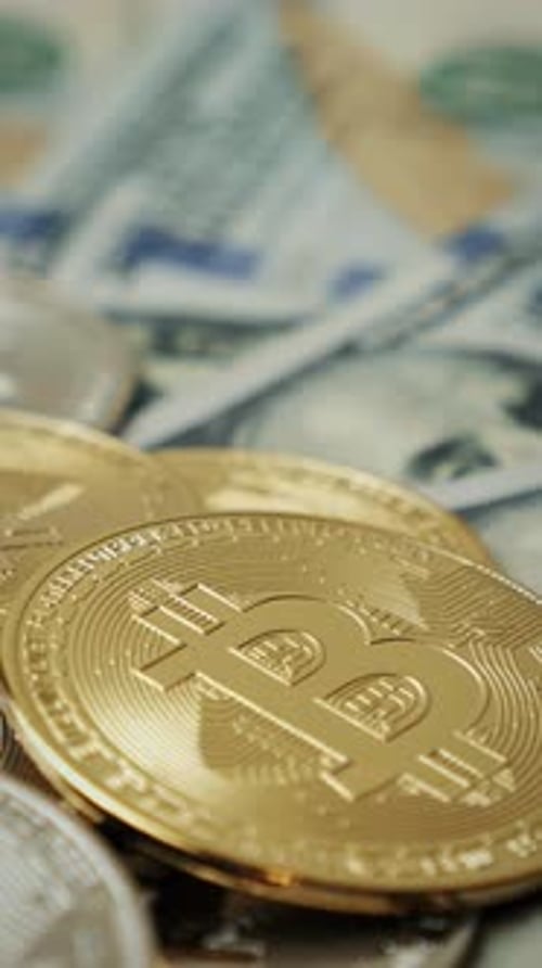 Close Up of Bitcoin Cryptocurrency Coins Stacked
