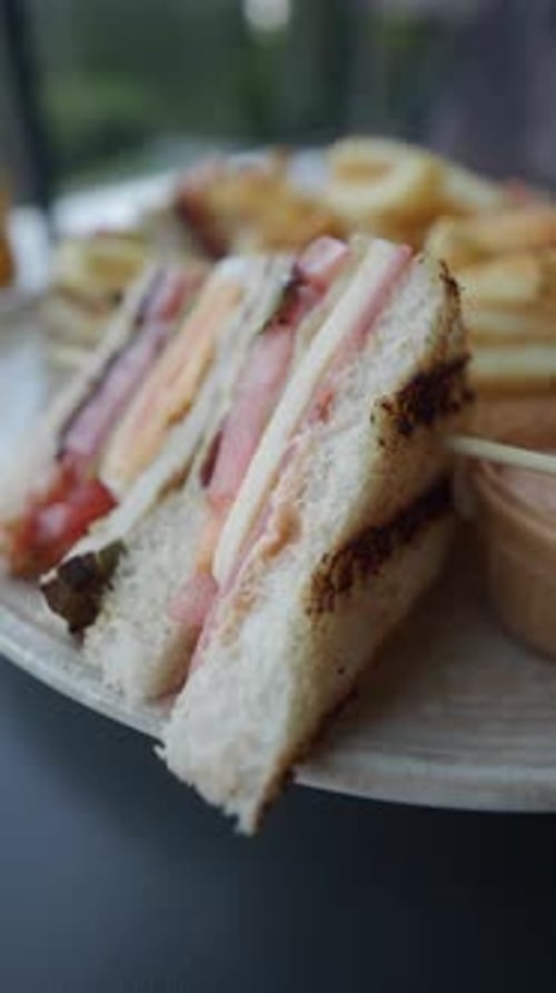 Enjoying a Sandwich and Fries at a Cafe
