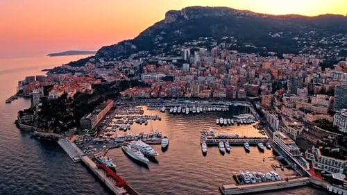 Boats Docked On The Bay At Sunset Aerial