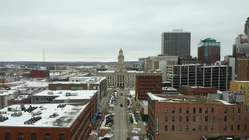 Polk County Historic Court House in Winter. Des Moines, Iowa. Aerial Dolly In
