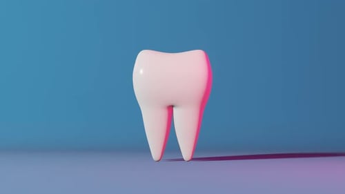 White healthy molar tooth 3D animation loop neon light blue background Enamel whitening toothpaste