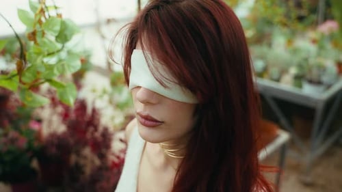 close up shot of young woman in white dress and blindfolded looking at camera in greenhouse plant