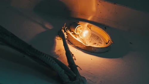 An Incandescent Light Bulb Glows in an Old Broken Lamp on the Concrete Wall