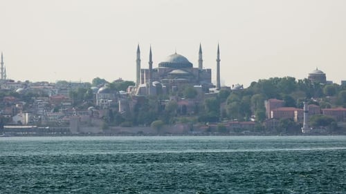 Panoramic view of the Hagia Sophia and Istanbul skyline from across the water