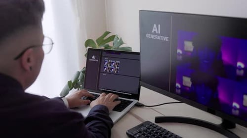 Generative Ai Digital art: Business woman creating images with artificial intelligence inside office
