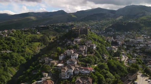 Bird's eye view of Albanian city Gjirokaster. Gjirokaster castle visible from above.