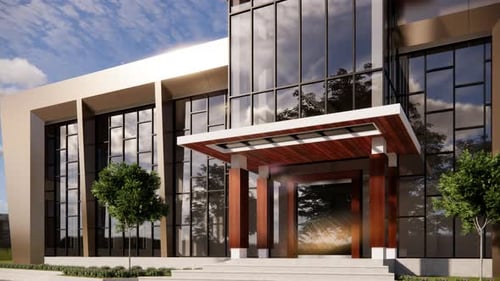 Edificio moderno con ventanas altas y detalles en madera.