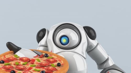 3D Robot Character Serving a Delicious Pizza