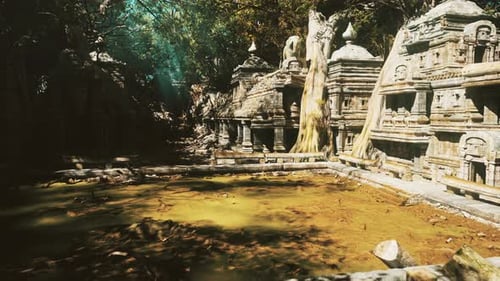 Ruined Temple Grounds Surrounded By Mosscovered Carvings and Lush Greenery