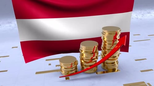Austria Flag With Gold Coins Tower And Up Arrow