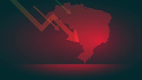 map brazil with red arrows down, economic crisis brazil animation 4k