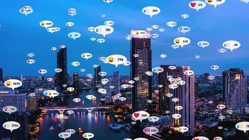 Social Media Icons Fly Over City Downtown Showing People Reciprocity Connection
