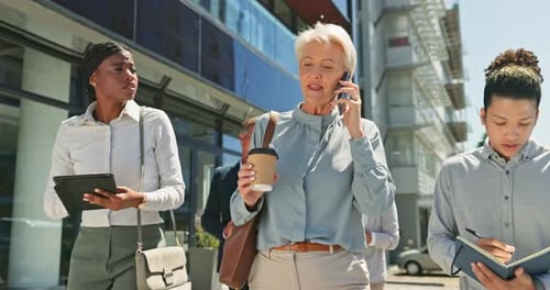 Phone call, leadership and business people walking in city writing notes
