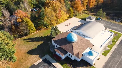 High angle spin of the Greek Architecture of an orthodox Church in America.
