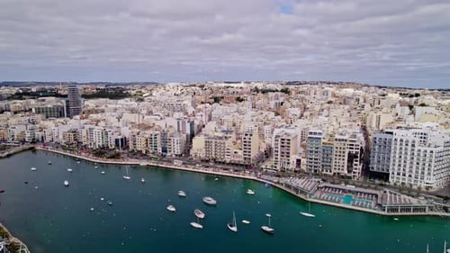 Boats on Harbour Port on Sliema Mediterranean Coast, Malta - Aerial