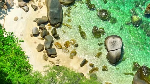 Stunning sandy beach with rock, clean sea water and green forest. 4K.