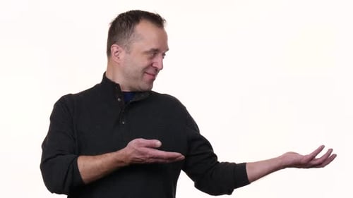 Man Presenting Product On White Background