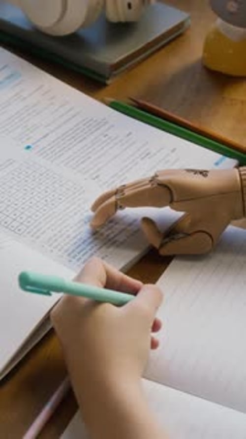 Gros plan d'un enfant méconnaissable avec un bras prothétique faisant ses devoirs