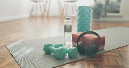 Exercise Equipment on Mat Still Life in Bright Room