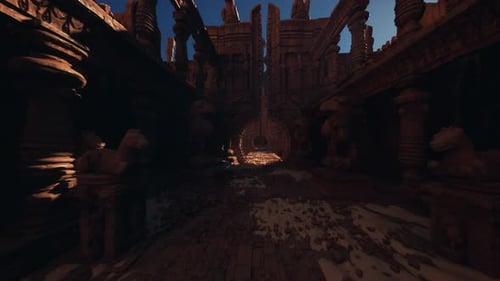 Ancient Temple Corridor Historic Stone Hallway with Shadow Play and Debris