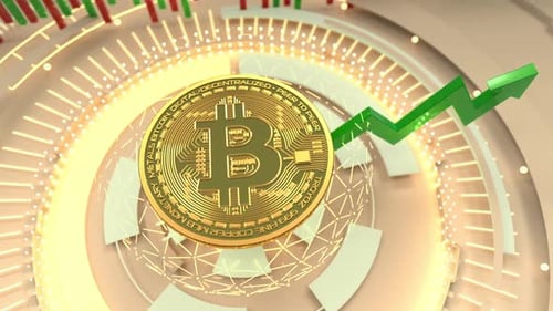 Bitcoin spins on fintech charts, with green arrow pointing up
