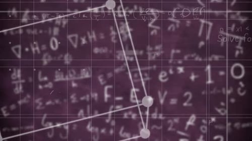 Digital animation of cube shape moving against mathematical equations on purple background