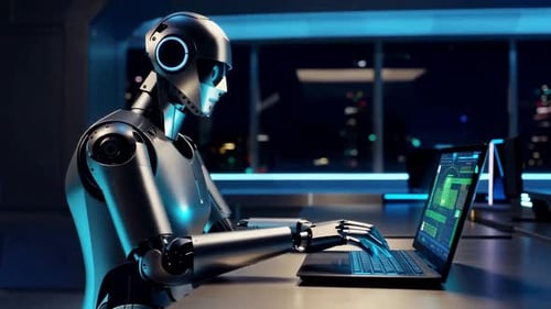 Futuristic AI Robot Typing on Laptop in Modern Office