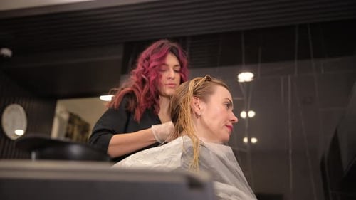 Hair Stylist Dyeing Customer's Hair at Salon