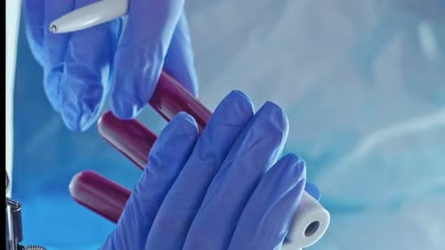 Gloved Hands Hold Test Tubes with Sample