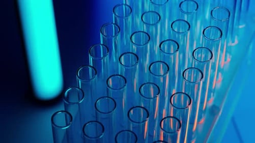 Close Up Video Neon Blue Light Test Tubes in a Laboratory Scientific Experiment Research Study