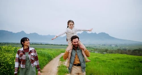 Flying, fun and shoulders with family on farm together for agriculture, bonding or sustainability