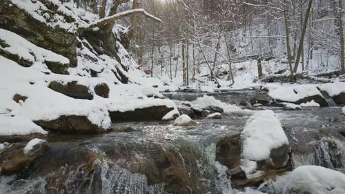 Aerial View Fabulous Winter Landscape of a Mountain River in a Magical Forest