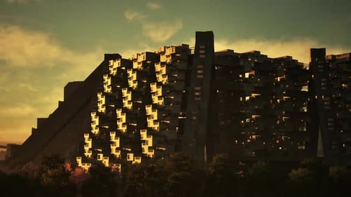 La puesta de sol ilumina un diseño arquitectónico único en un entorno urbano