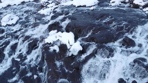 Waterfall in Iceland Snowy Ice Mountain River in Winter Nature