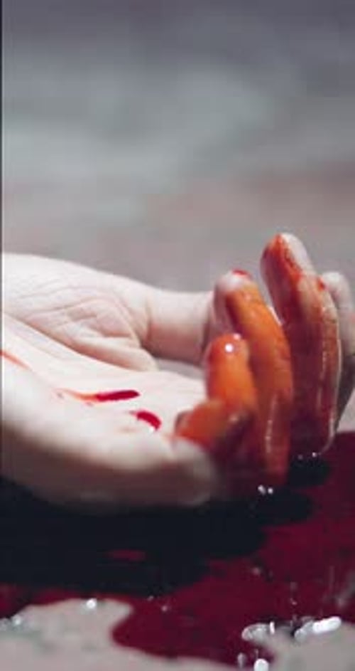 Murder, blood and hand of victim on crime scene of homicide, police and investigation for problem