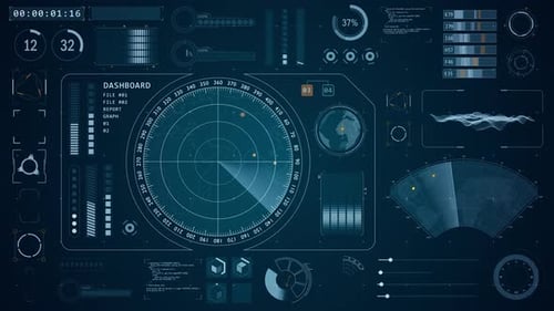 Blauer Farbsonar-Radarbildschirm mit futuristischer HUD-UI-Technologie-Schnittstelle abstraktem Hintergrund