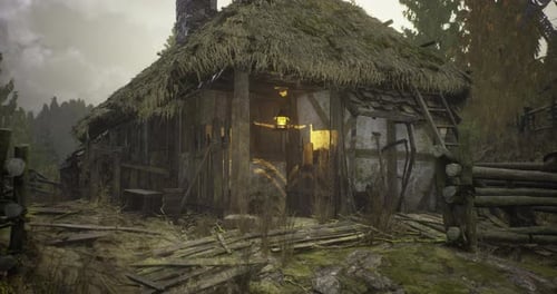 Abandoned Cottage Nestled in the Woods Emits a Warm Glow in the Evening Dusk
