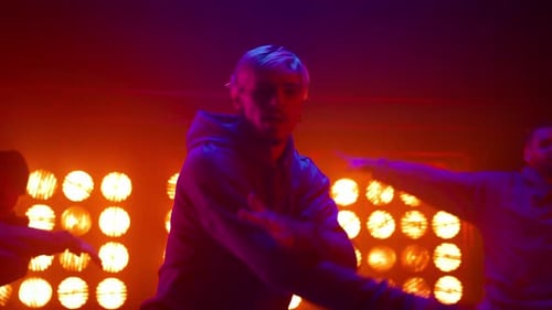 Talented Crew Performing Dance Show Freestyle in Night Club Stage. Expressive Group