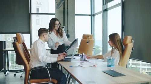 Business Professionals Engage in a Team Meeting at a Modern Office with Large Windows Overlooking
