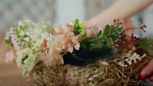 Close Up Handmade Floral Wreath Decorated with Pink Blossoms