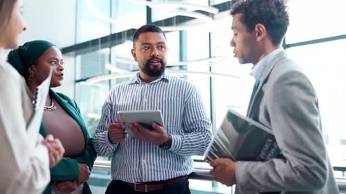 Diversity, planning and tablet with business people in office together for collaboration