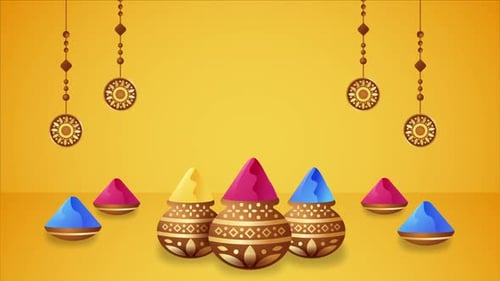 Holi Celebration Animation with Colorful Gulal Pots and Decoration