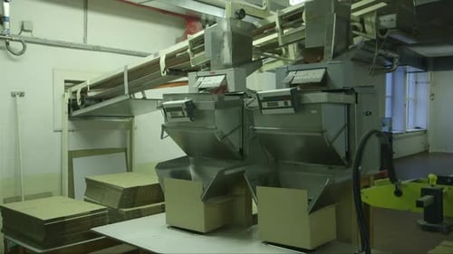 candies fall from a large dispenser into a cardboard box in a candy factory