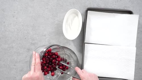 Flat Lay Step By Step Prepating Sugar Cranberries with Organic Cranberries and White Sugar