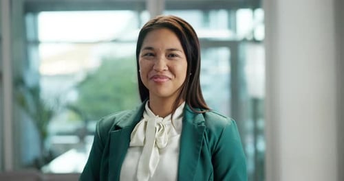 Corporate, laugh and face of business woman in office with confidence, pride