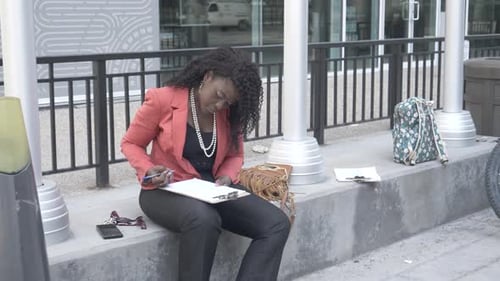 Businesswoman Working on City Bench Adult