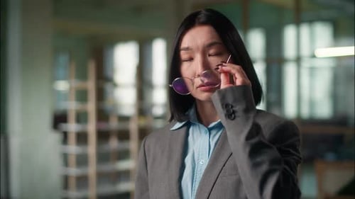 Asian Business Woman Chinese Tired Girl Feel Ache Eye Strain Headache Suffer Dry Eyes Pain Korean