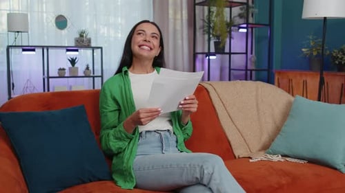 Girl Open Envelope Letter Reads It Feel Happy Career Growth Advance Promotion Bank Loan Approve