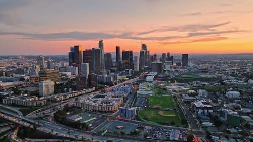 Aerial Shot Over Los Angeles Sunset City View of LA Downtown Los Angeles From Drone Los Angeles