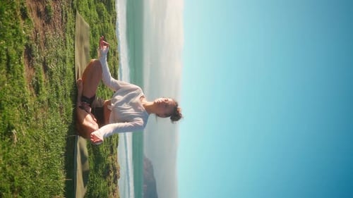 Yoga Exercises Ocean View on Background